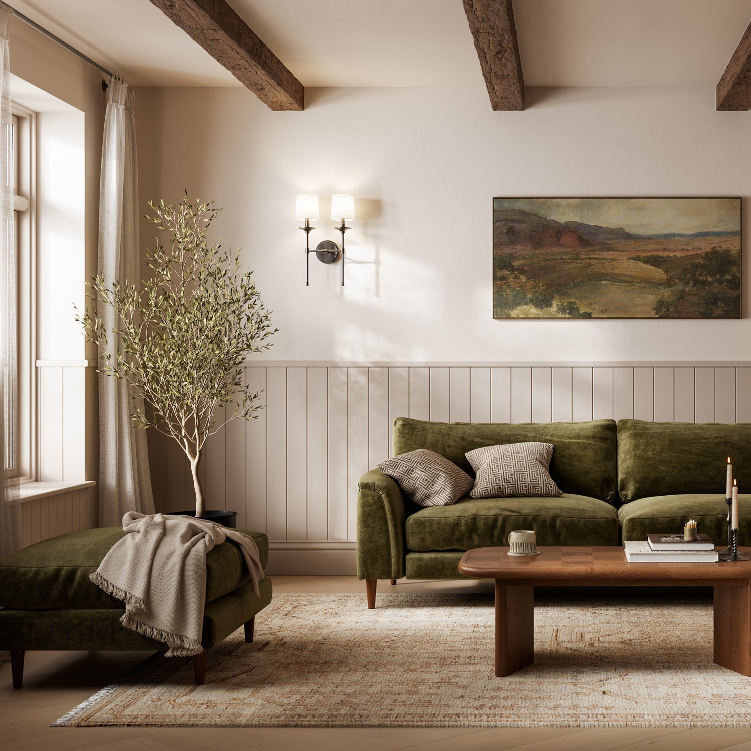 Green sofa with patterned cushions in a living room setting using wall panelling.