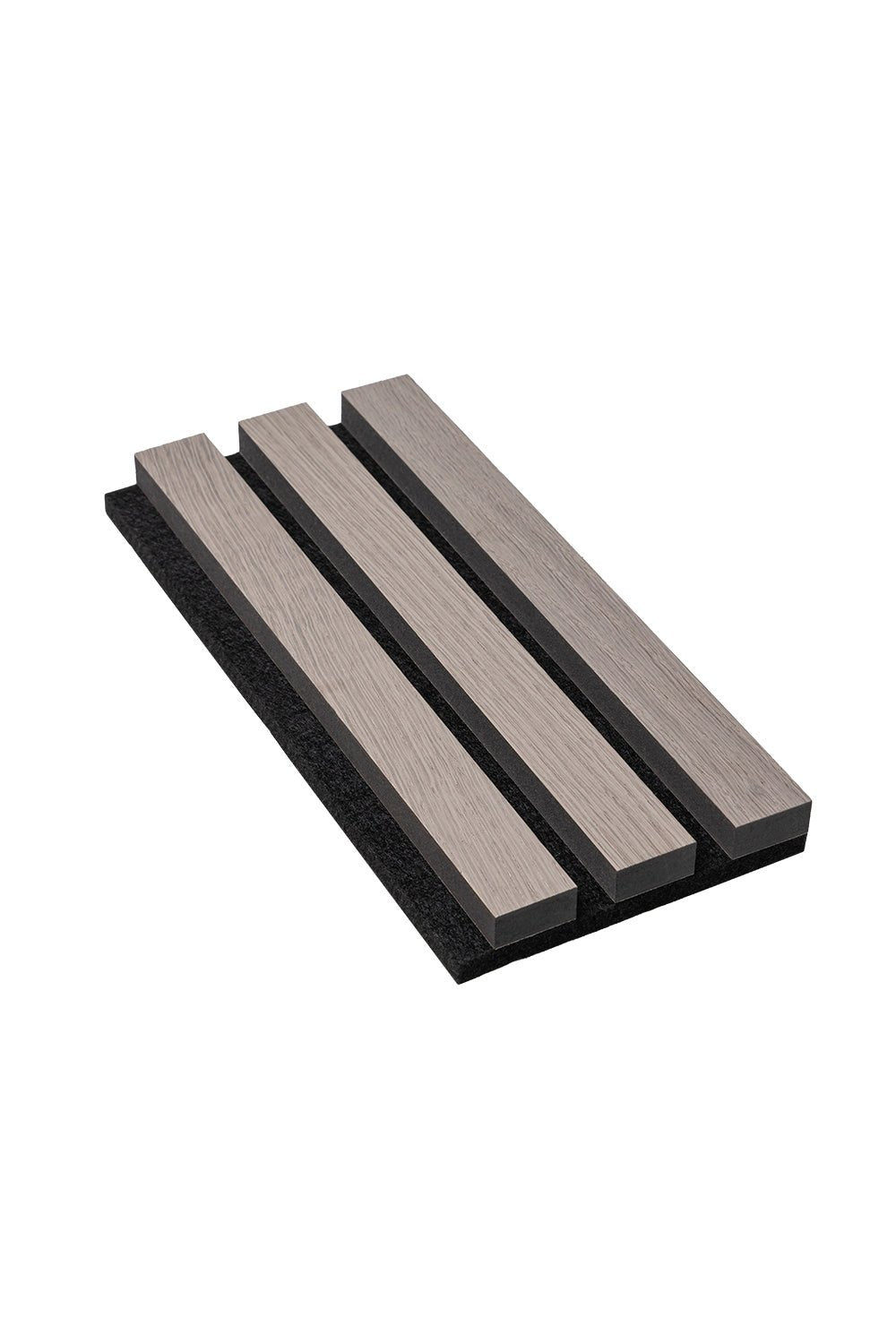 A small sample of a Grey Oak SlatWall Panel, made of three small individual slats on a felt backing.